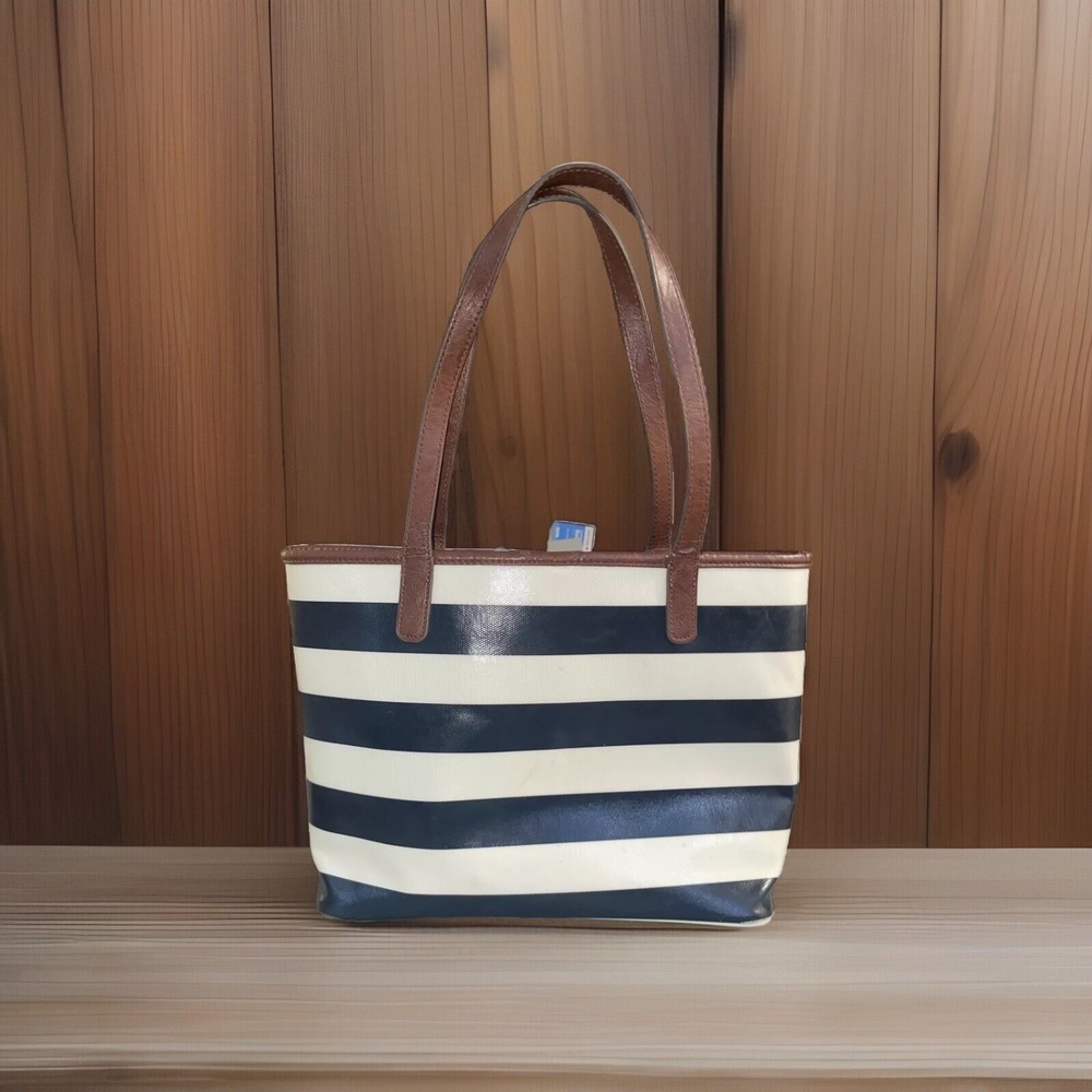 Blue White Stripe Tote Bag Leather‎ Straps Shoulder Bag Casual Beach